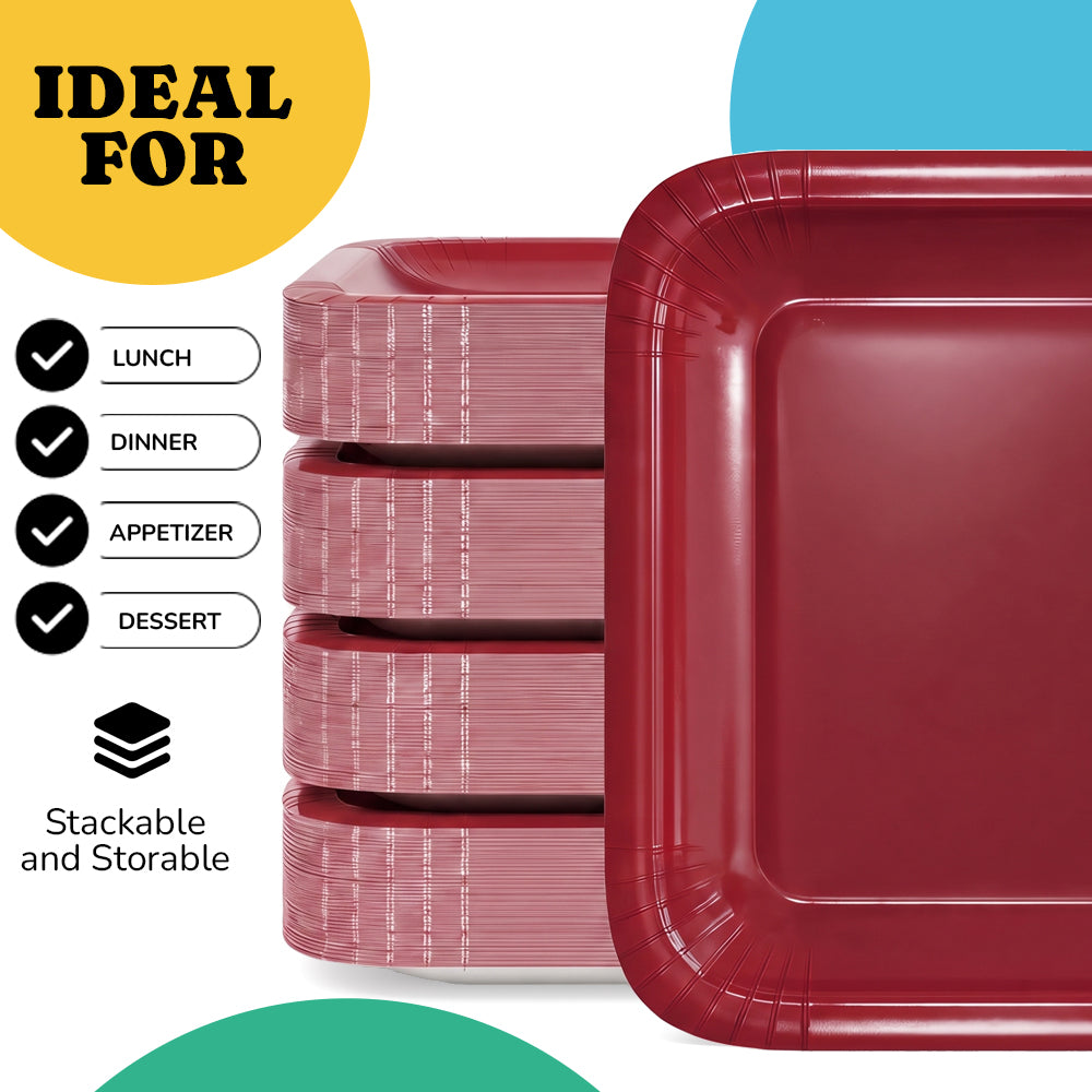 7 In. Burgundy Square Paper Plates - 20 Ct.