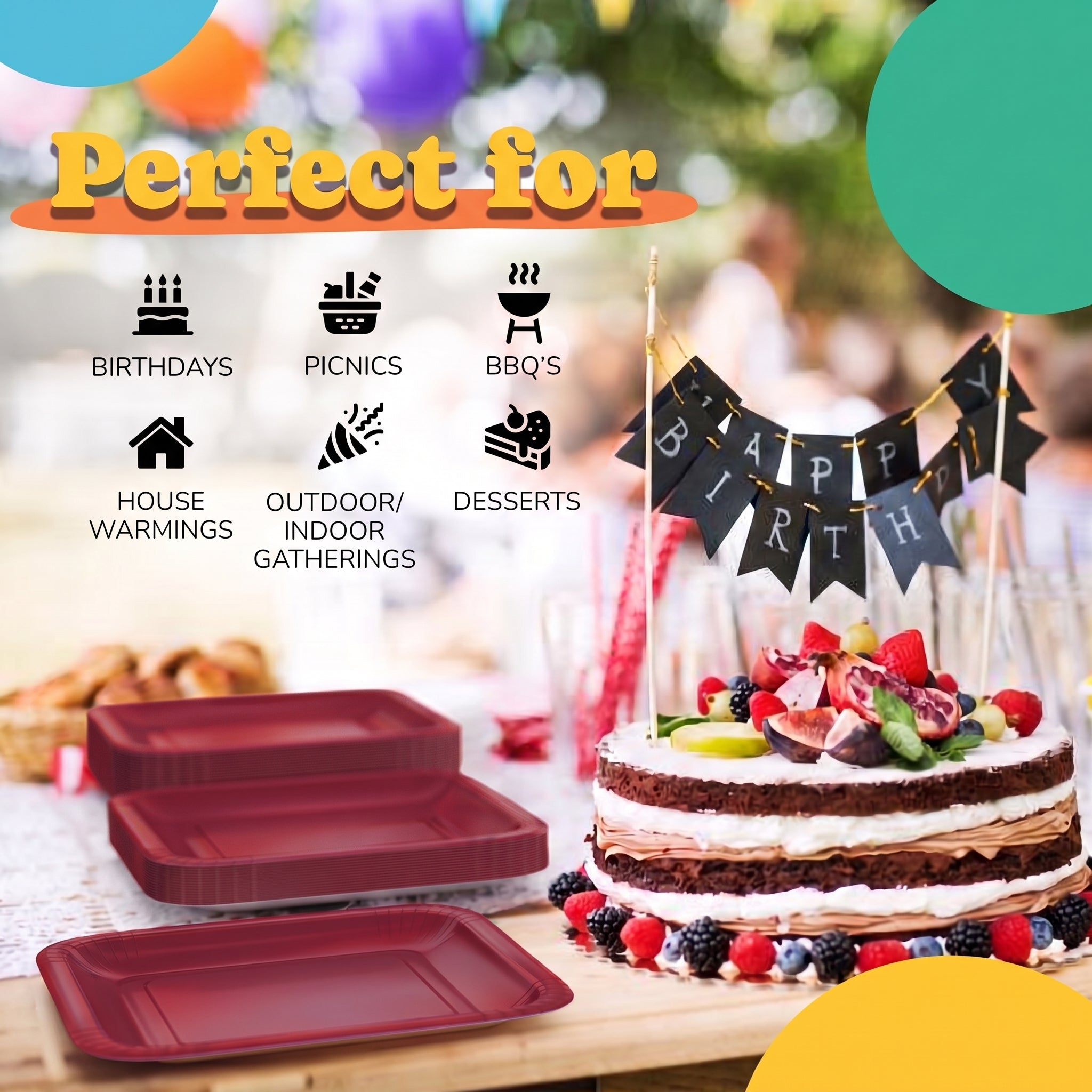7 In. Burgundy Square Paper Plates - 20 Ct.