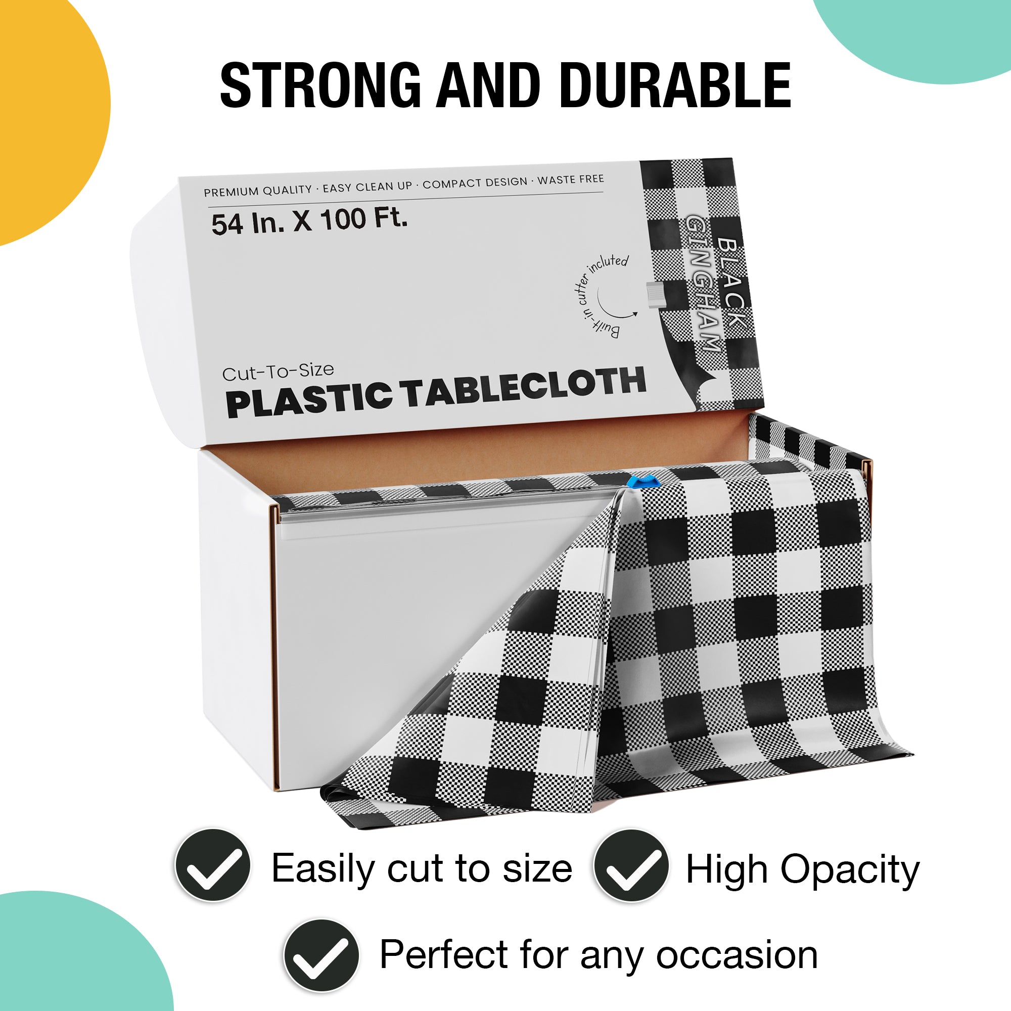 54 in. x 100 Ft. Cut to Size Plastic Table Cover | Black Gingham
