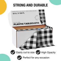 54 in. x 100 Ft. Cut to Size Plastic Table Cover | Black Gingham