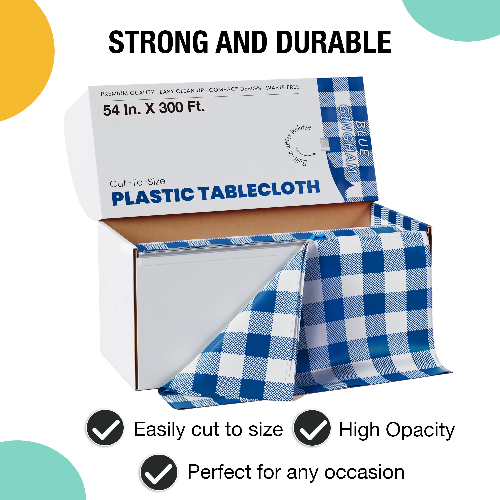 54 in. x 300 Ft. Cut to Size Plastic Table Cover | Blue Gingham