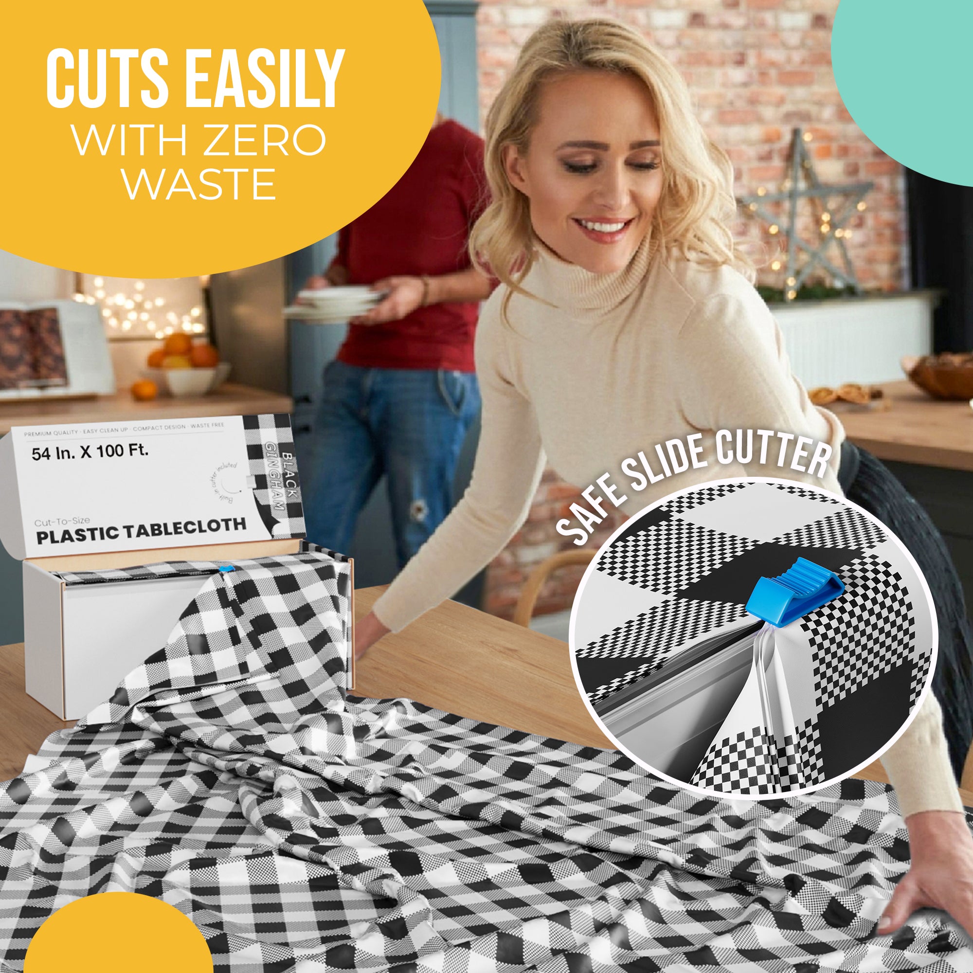 54 in. x 100 Ft. Cut to Size Plastic Table Cover | Black Gingham