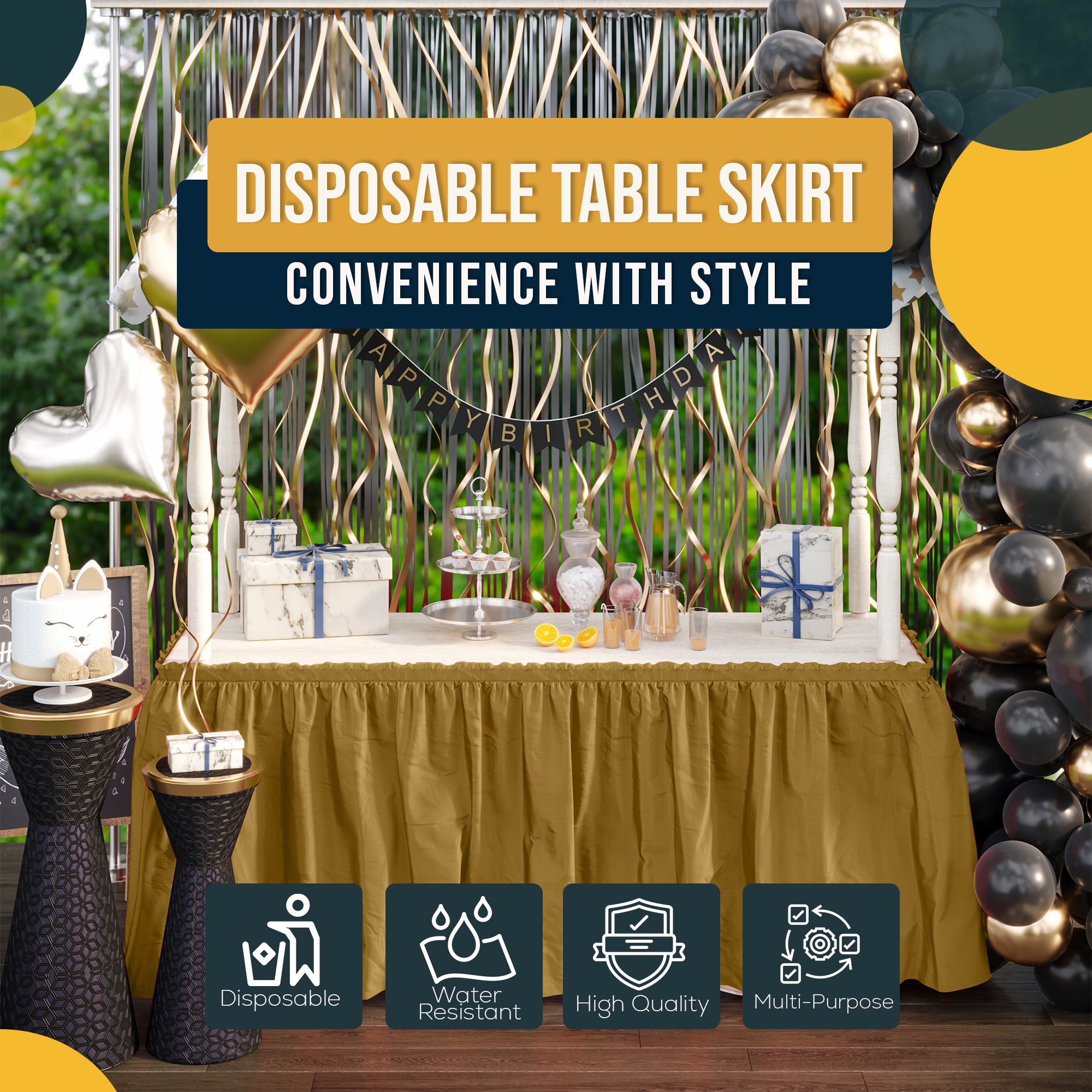 Gold Plastic Table Skirt | 168 in. x 29 in.
