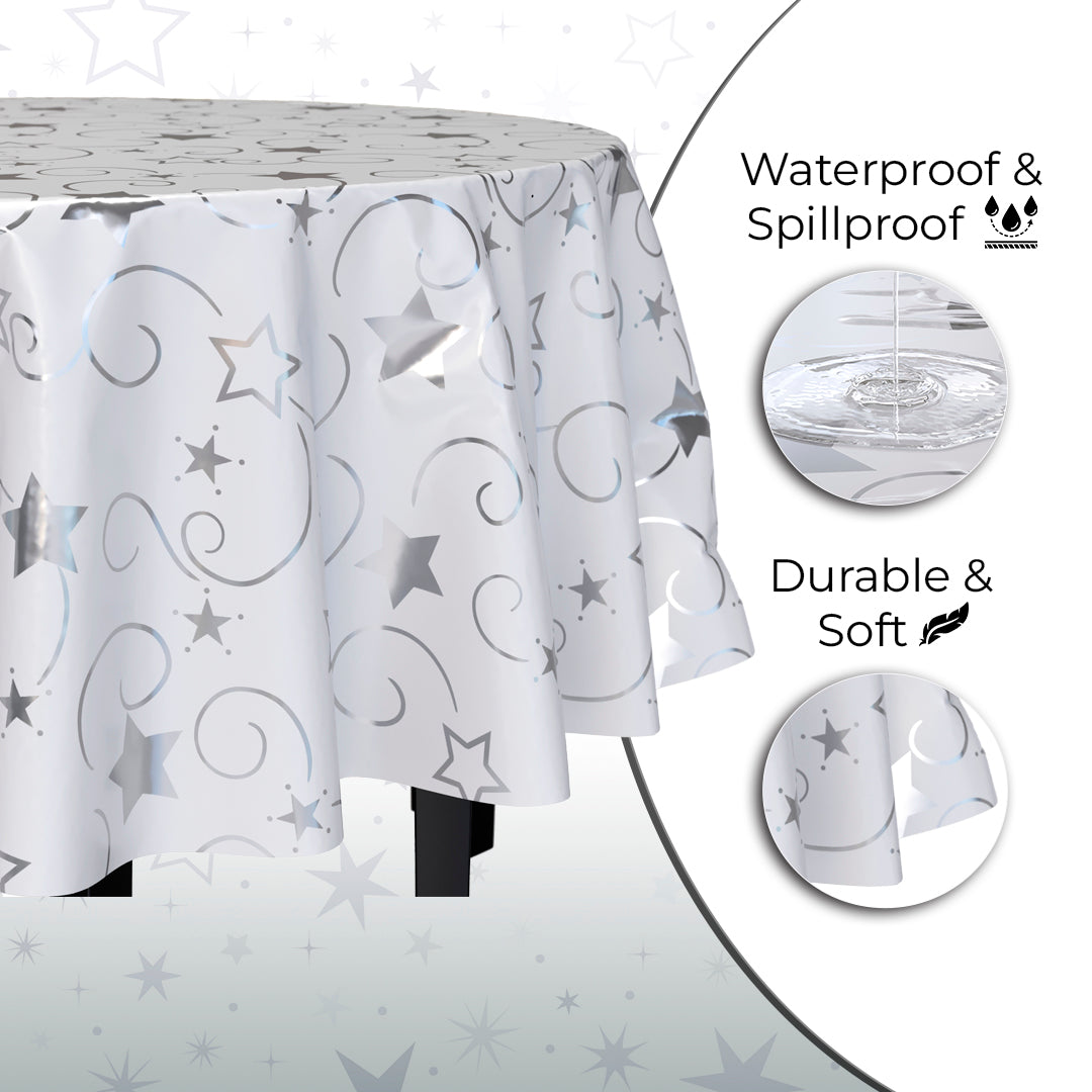 84 in. Round Silver Star Printed Plastic Table Cover