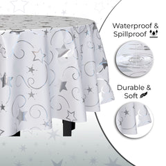 84 in. Round Silver Star Printed Plastic Table Cover