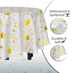 Round Gold Star Printed Plastic Table Covers | 6 Pack | 84 in.