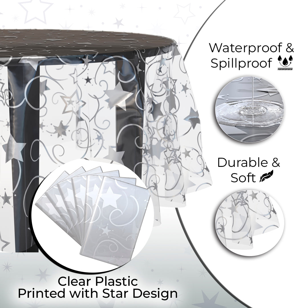 Clear silver star tablecover | 55 in. x 108 in.