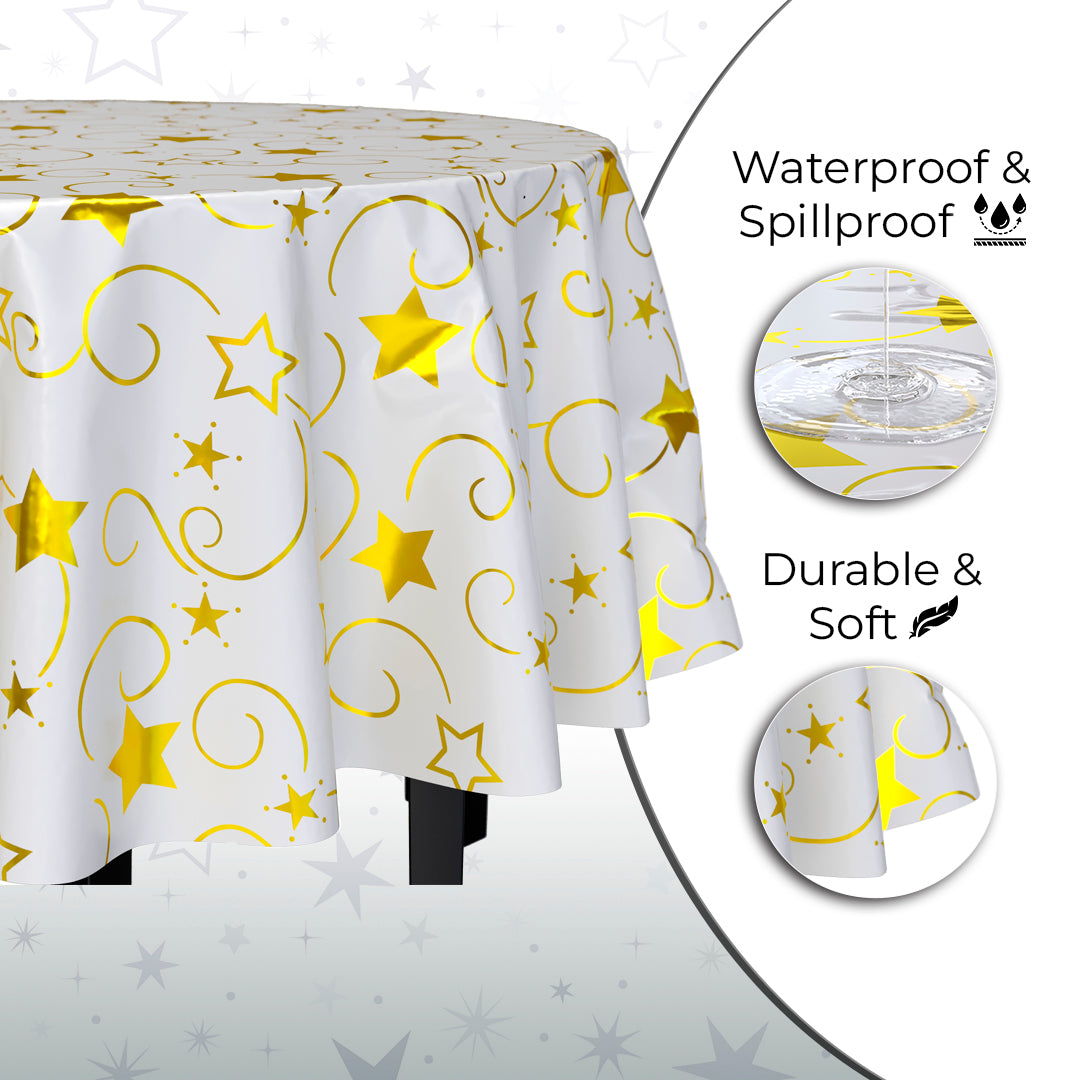 84 in. Round Gold Star Printed Plastic Table Cover | Case of 48