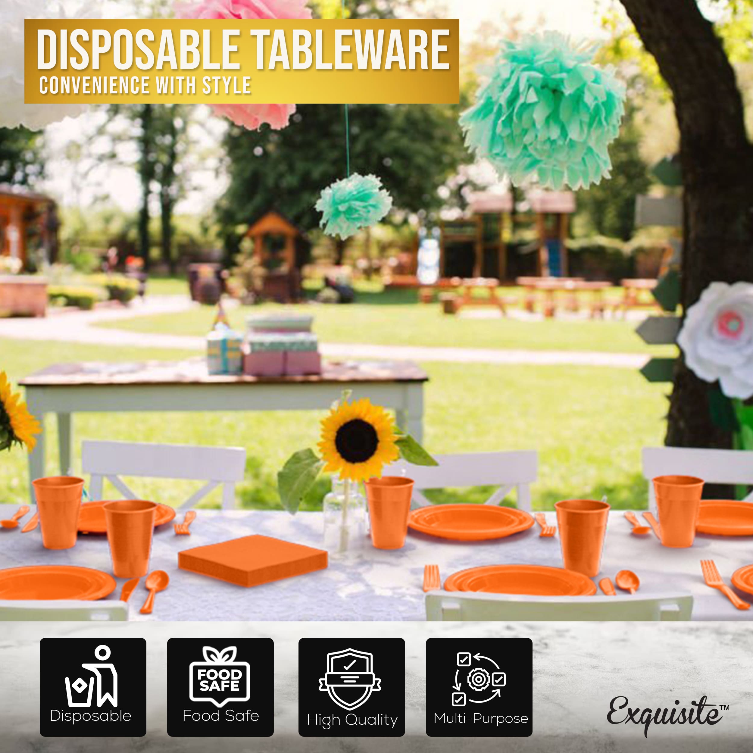 350 Pcs Orange Plastic Disposable Tableware Set