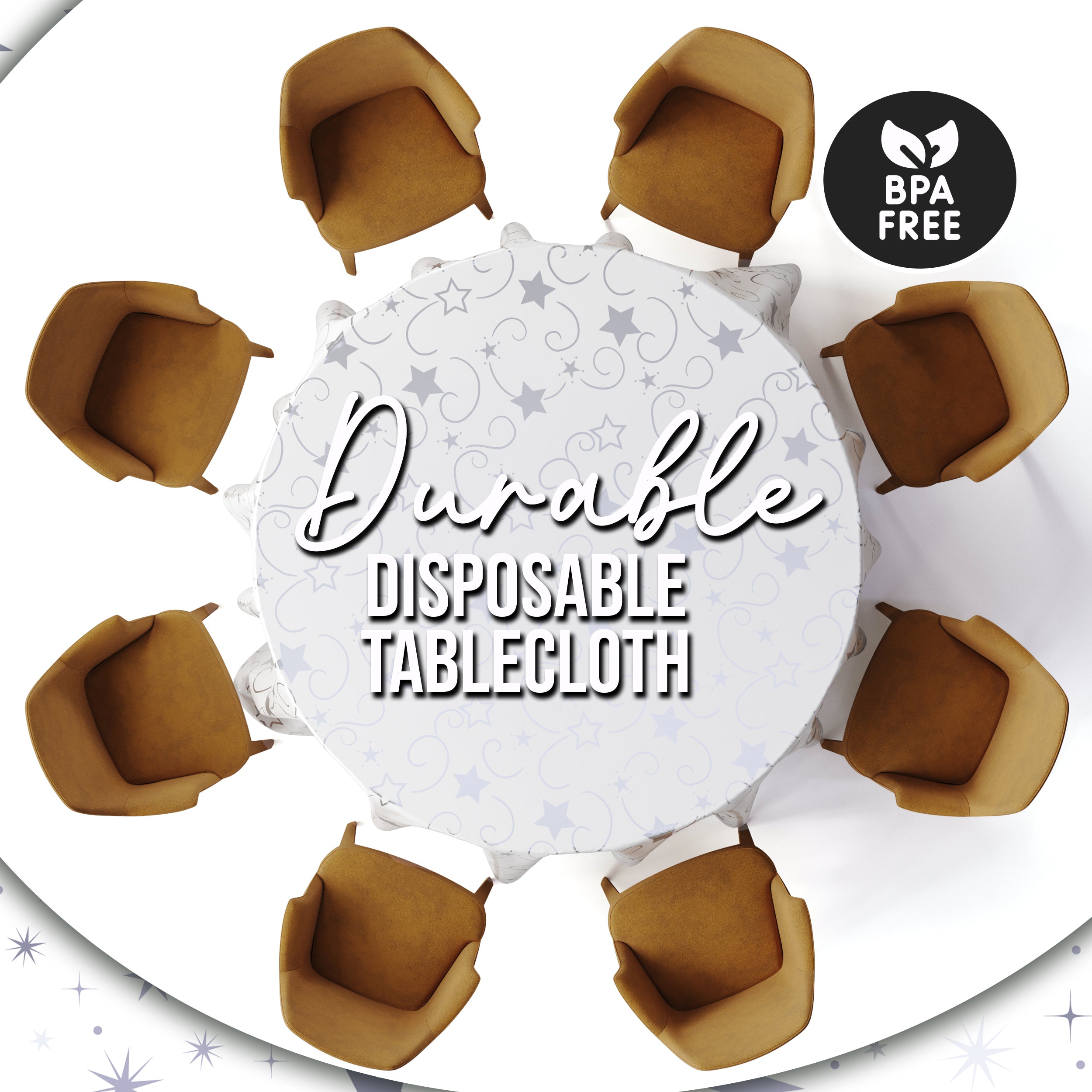 84 in. Round Silver Star Printed Plastic Table Cover