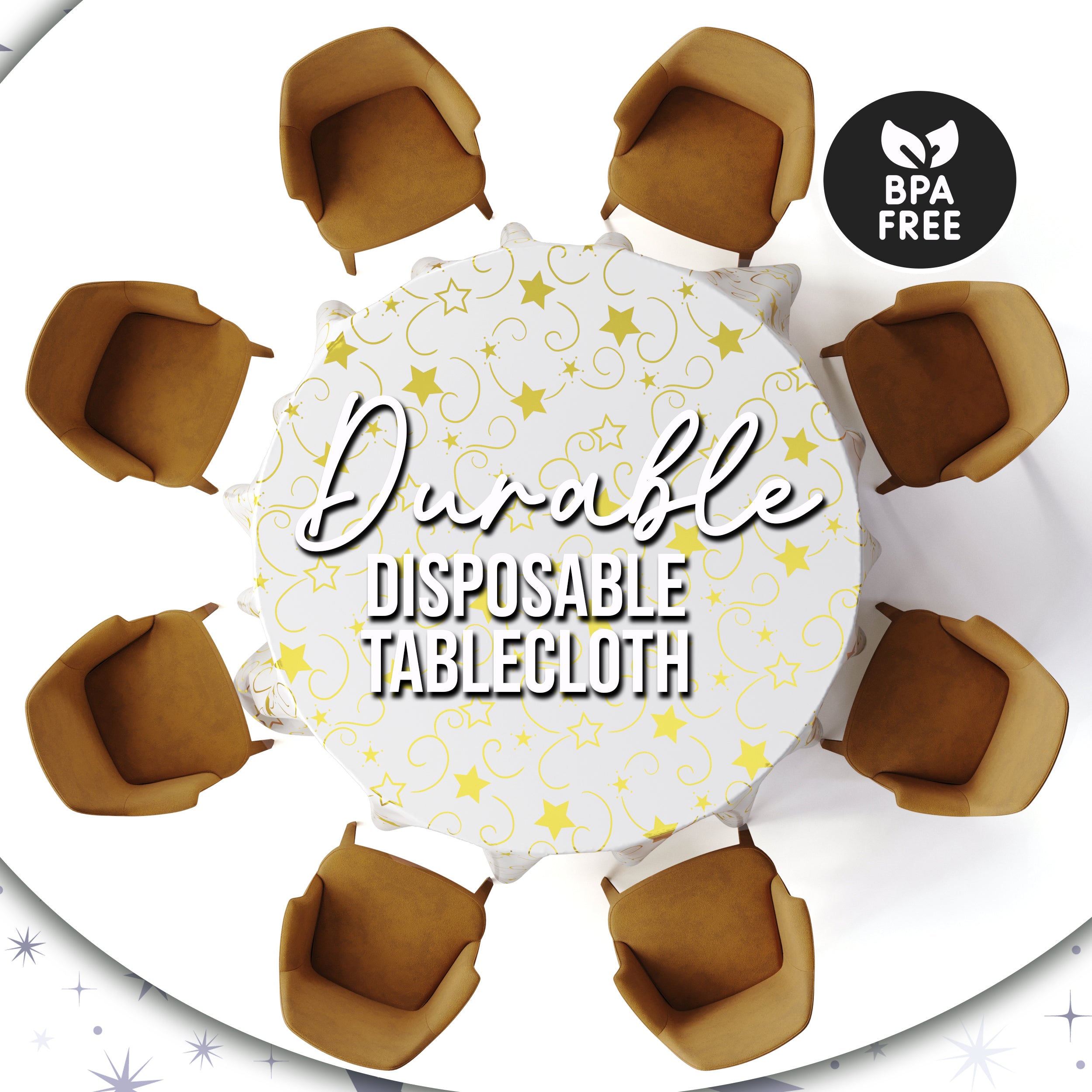 84 in. Round Gold Star Printed Plastic Table Cover | Case of 48