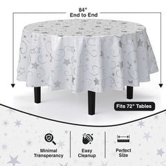 Round Silver Star Printed Plastic Table Covers | 6 Pack | 84 in.