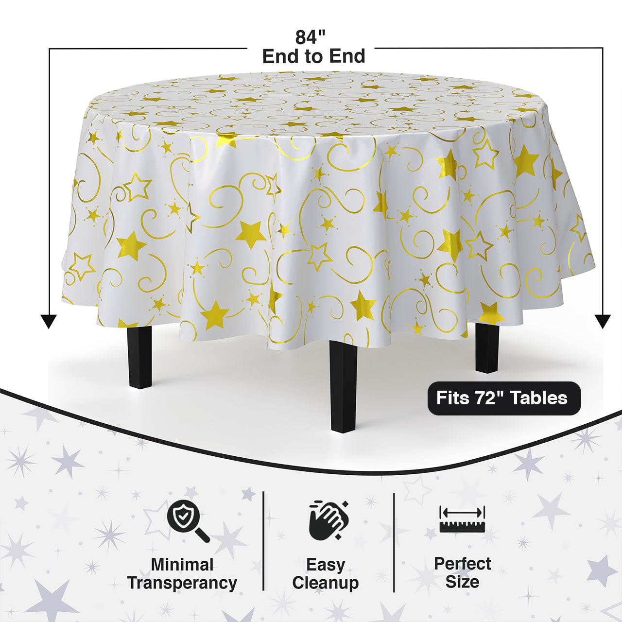 Round Gold Star Printed Plastic Table Covers | 6 Pack | 84 in.