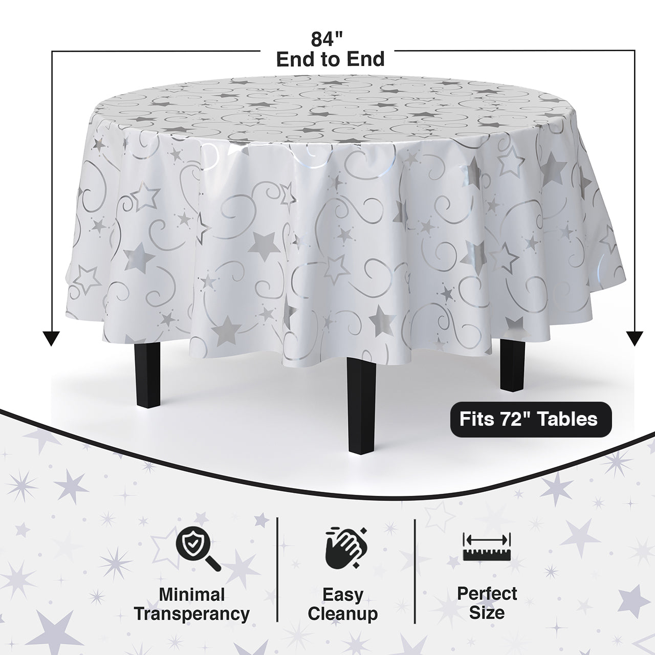 84 in. Round Silver Star Printed Plastic Table Cover
