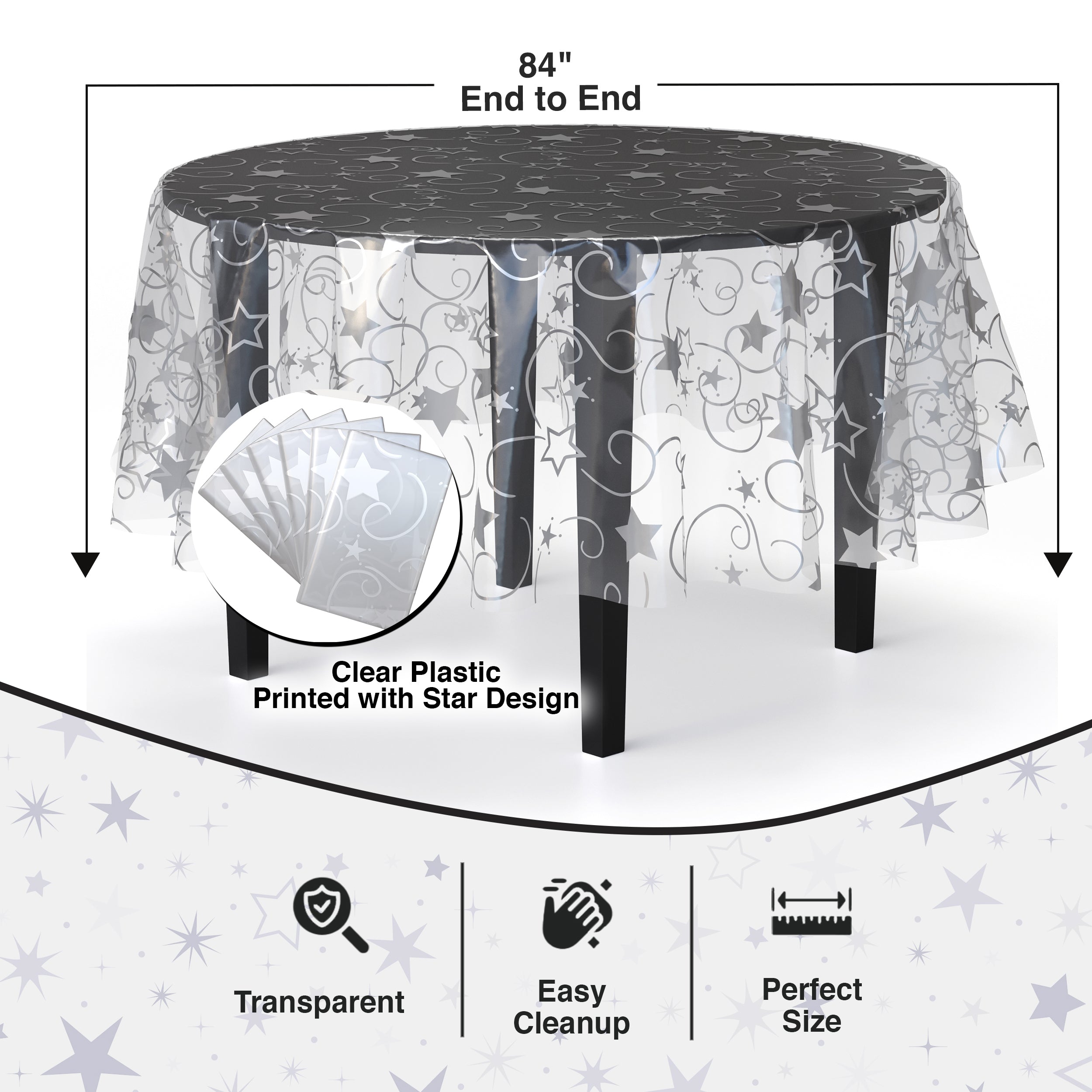 Clear silver star tablecover | 55 in. x 108 in.