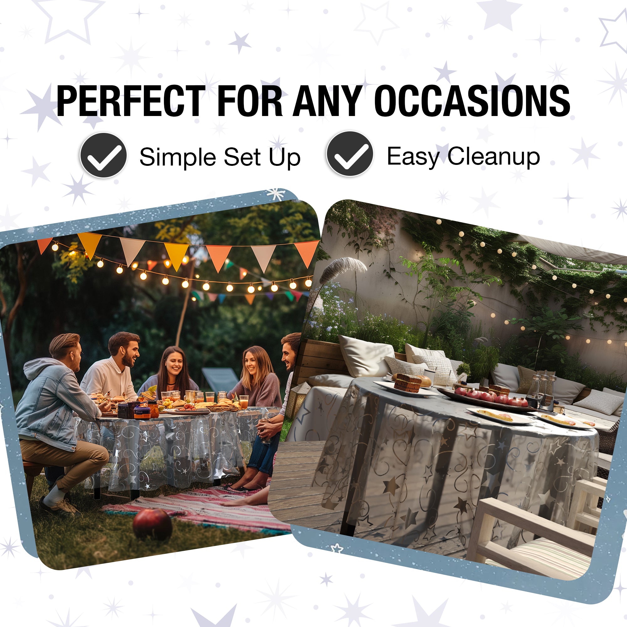 Clear silver star tablecover | 55 in. x 108 in.