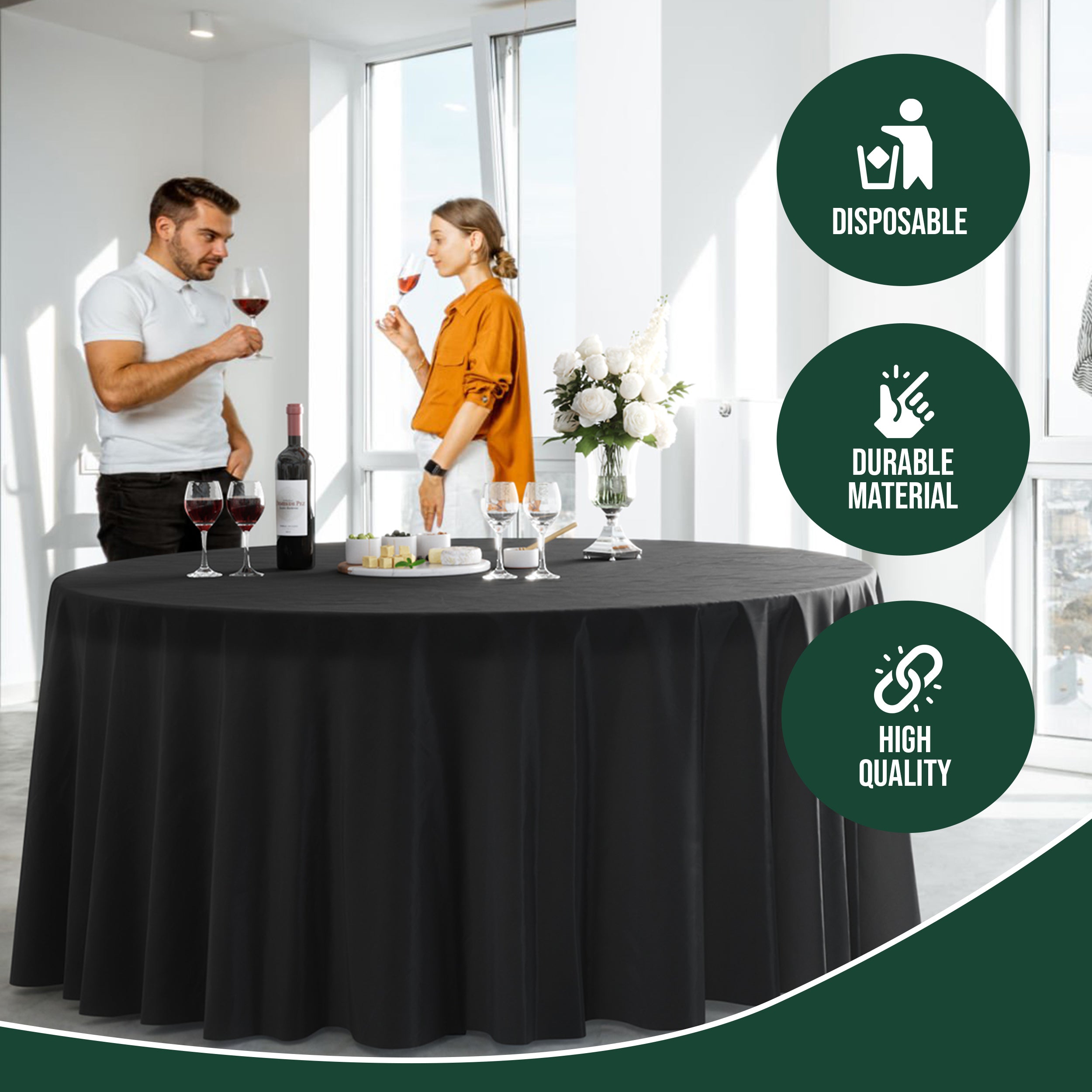 120 in. Premium Round Black Plastic Table Covers | 6 Count