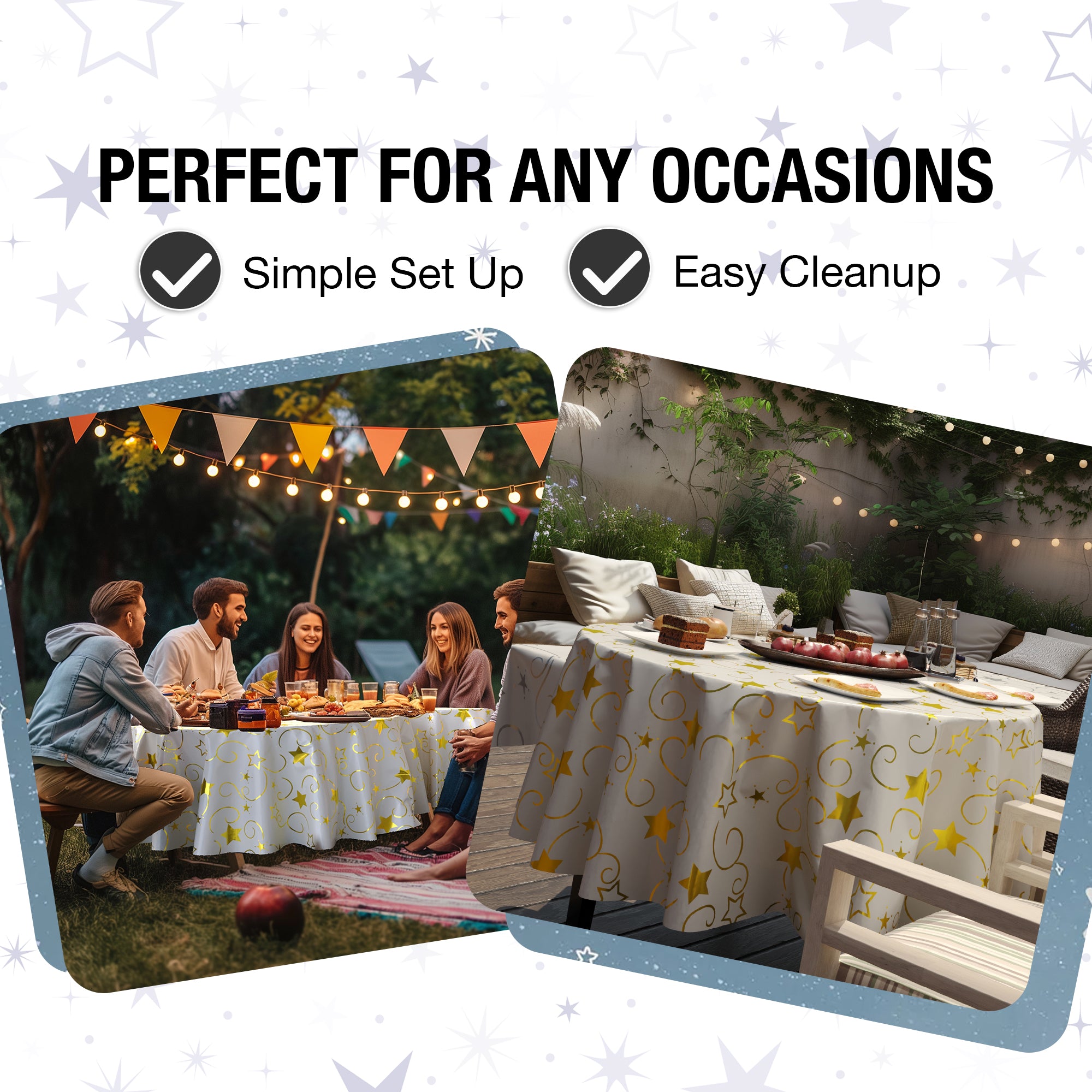 84 in. Round Gold Star Printed Plastic Table Cover | Case of 48