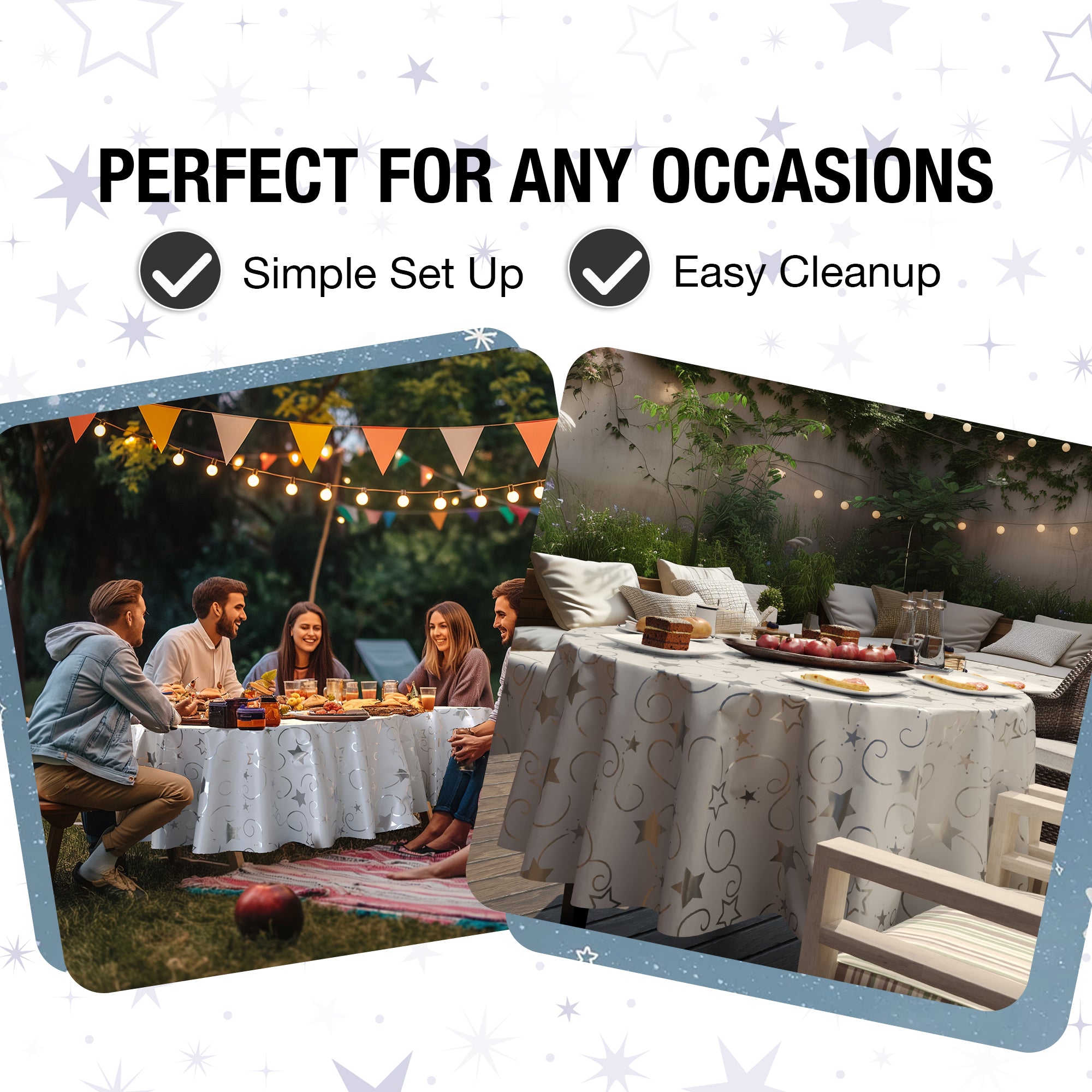 84 in. Round Silver Star Printed Plastic Table Cover
