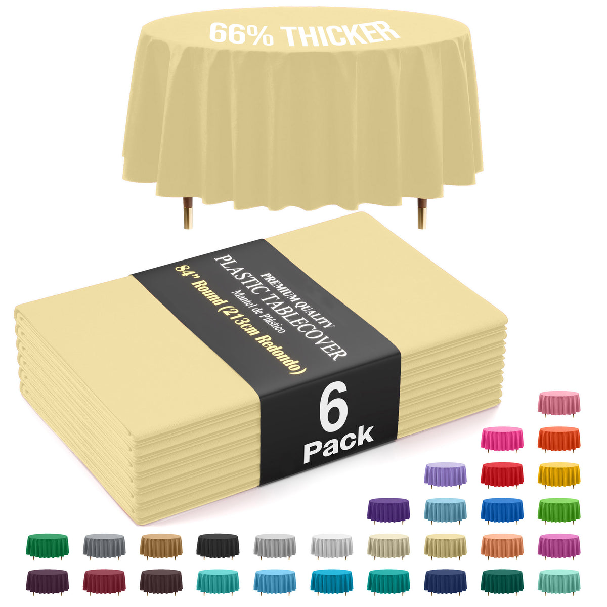 Premium Round Light Yellow Plastic Table Covers | 6 Pack | 84 in.