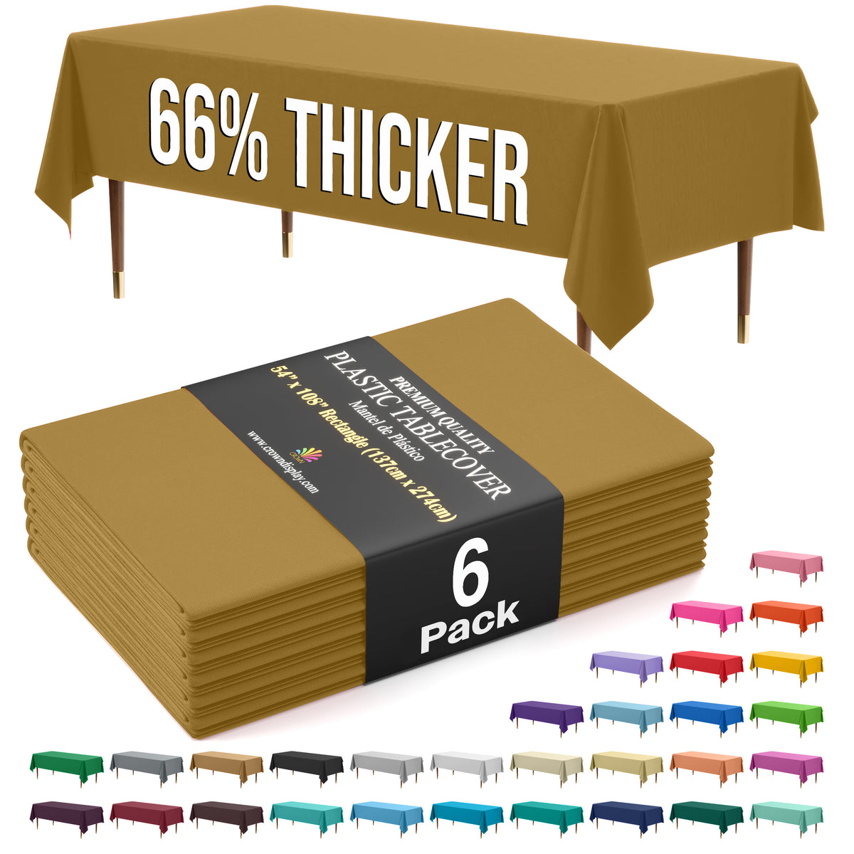 Premium Gold Plastic Table Covers | 6 Pack | 54 in. x 108 in.