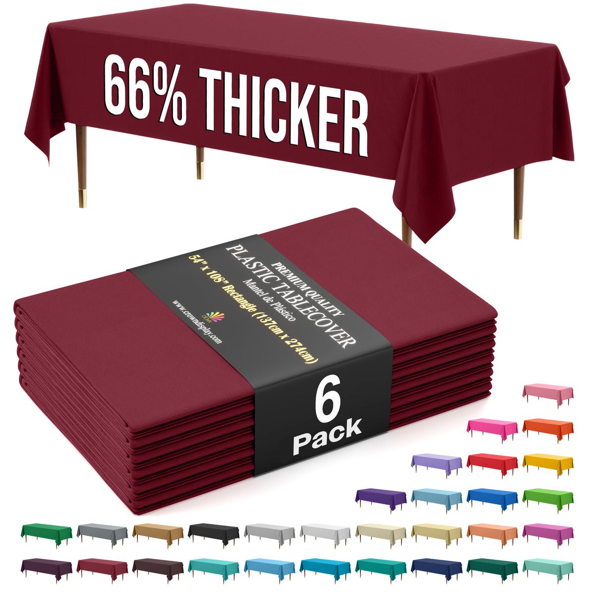 Premium Burgundy Plastic Table Covers | 6 Pack | 54 in. x 108 in.