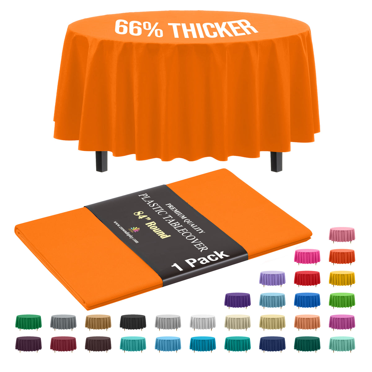 Premium Round Orange Plastic Table Cover | 84 in.