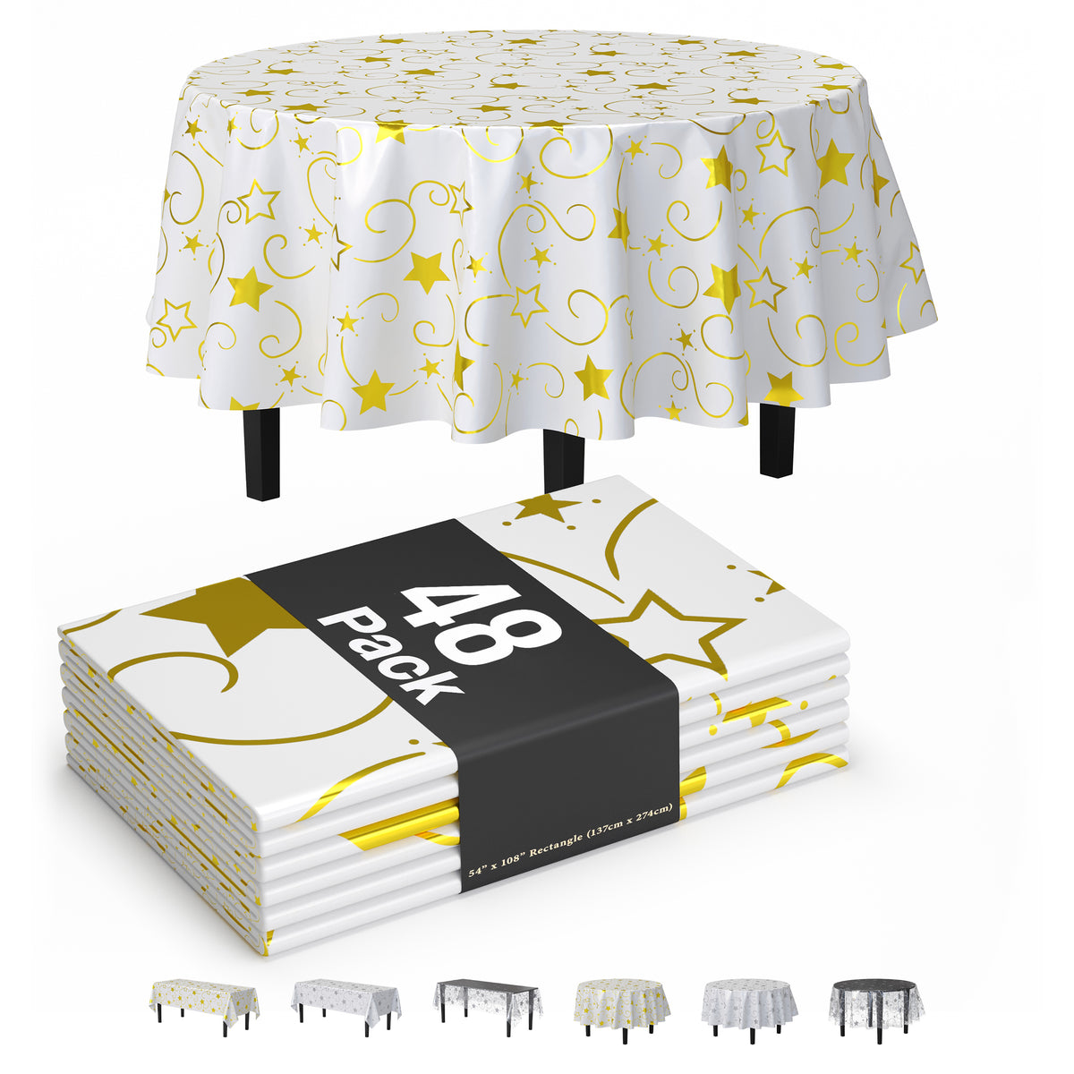 84 in. Round Gold Star Printed Plastic Table Cover | Case of 48