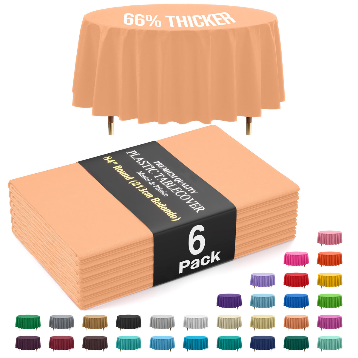 Premium Round Peach Plastic Table Covers | 6 Pack | 84 in.