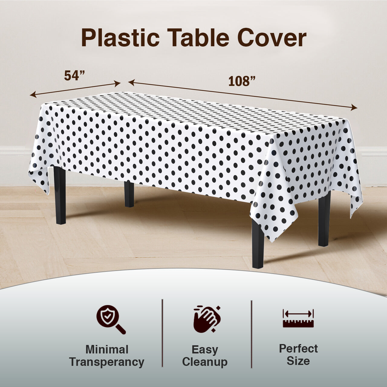 Black Polka Dot Plastic Table Covers | 12 Pack | 54 in. x 108 in.