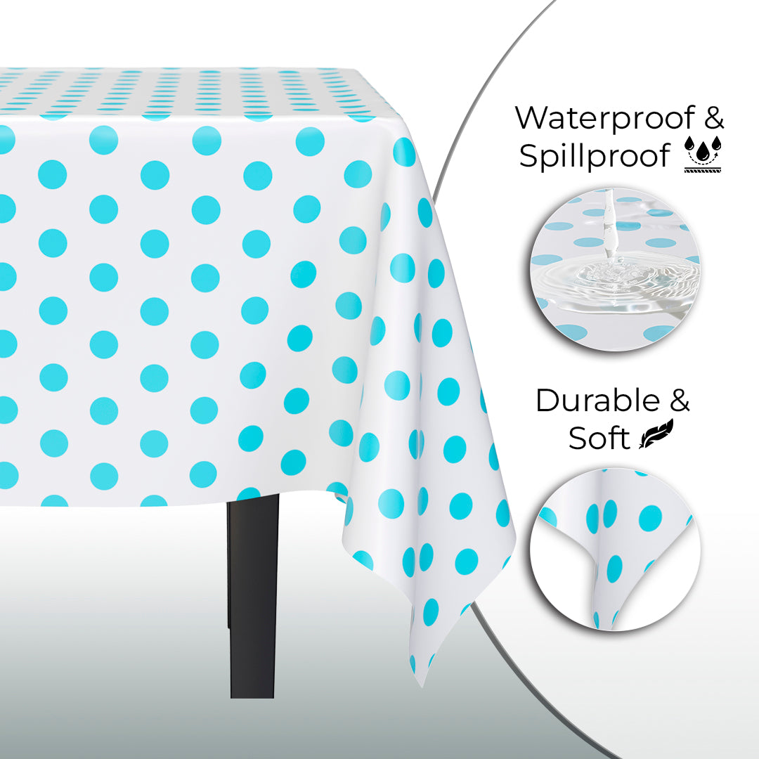 Light Blue Polka Dot Plastic Table Covers | 12 Pack | 54 in. x 108 in.
