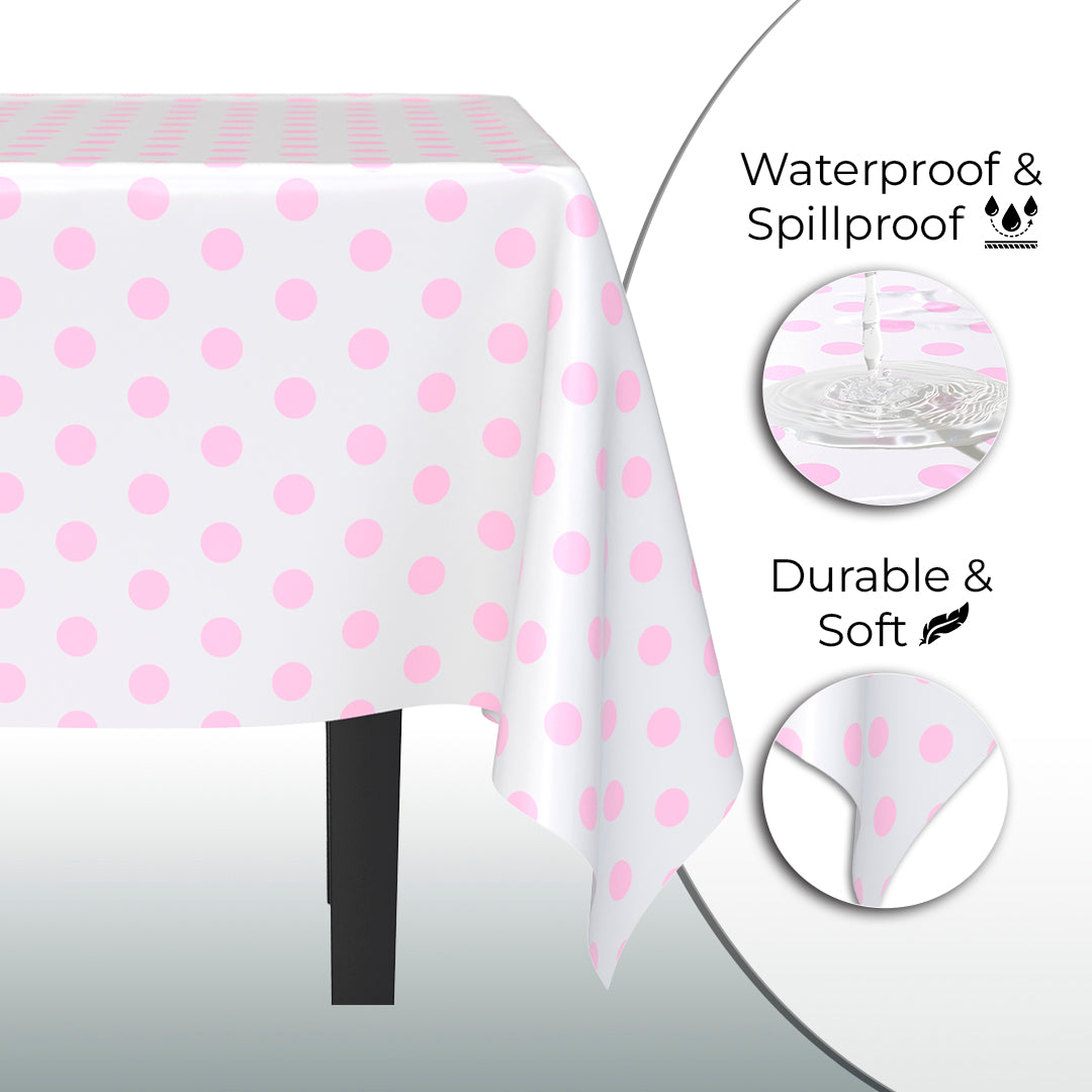 Pink Polka Dot Plastic Table Covers | 12 Pack | 54 in. x 108 in.