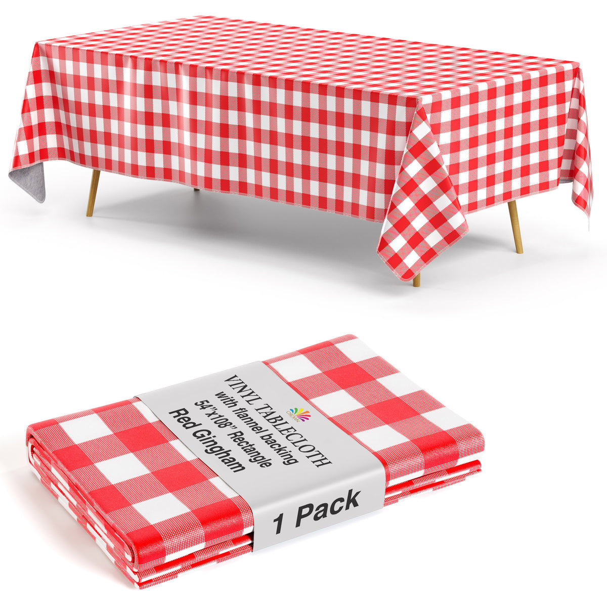 Red Gingham Flannel Backed Plastic Table Cover  | 54 in. x 108 in.