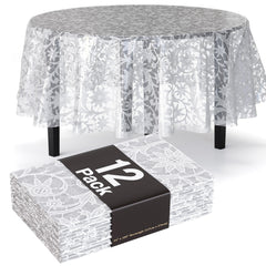 Round White Lace Plastic Table Covers | 12 Pack