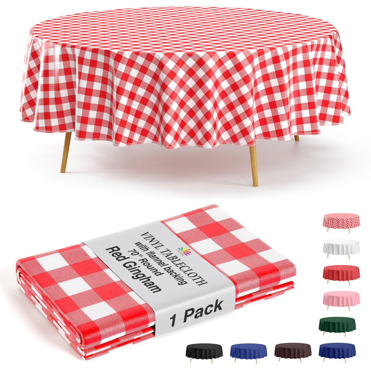 Red Gingham Flannel Backed Plastic Table Cover 70 in. Round