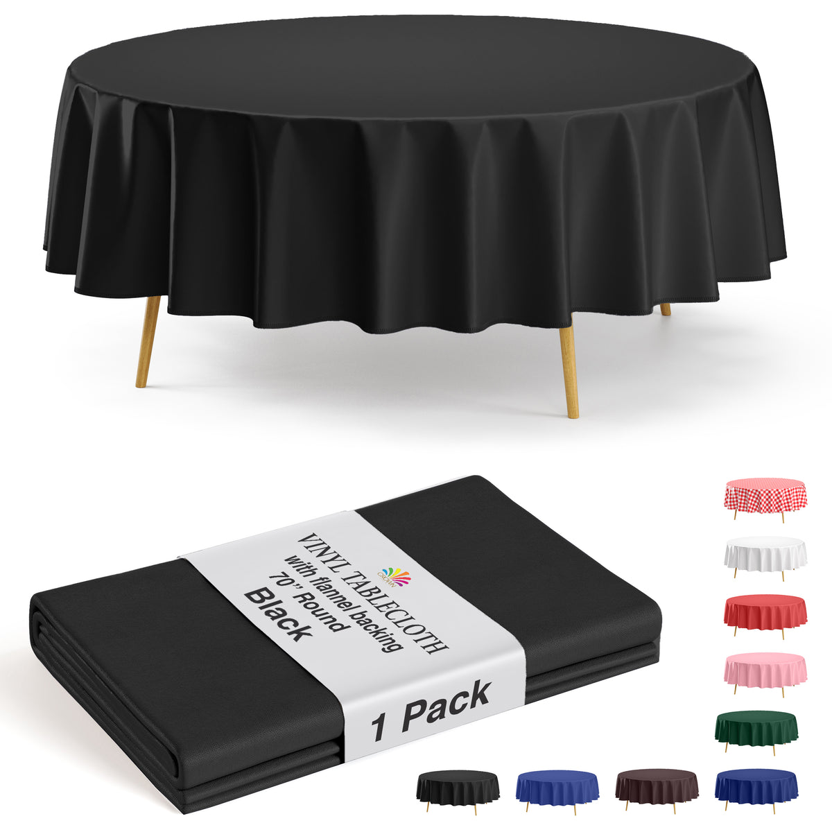 Black Flannel Backed Plastic Table Cover 70 in. Round