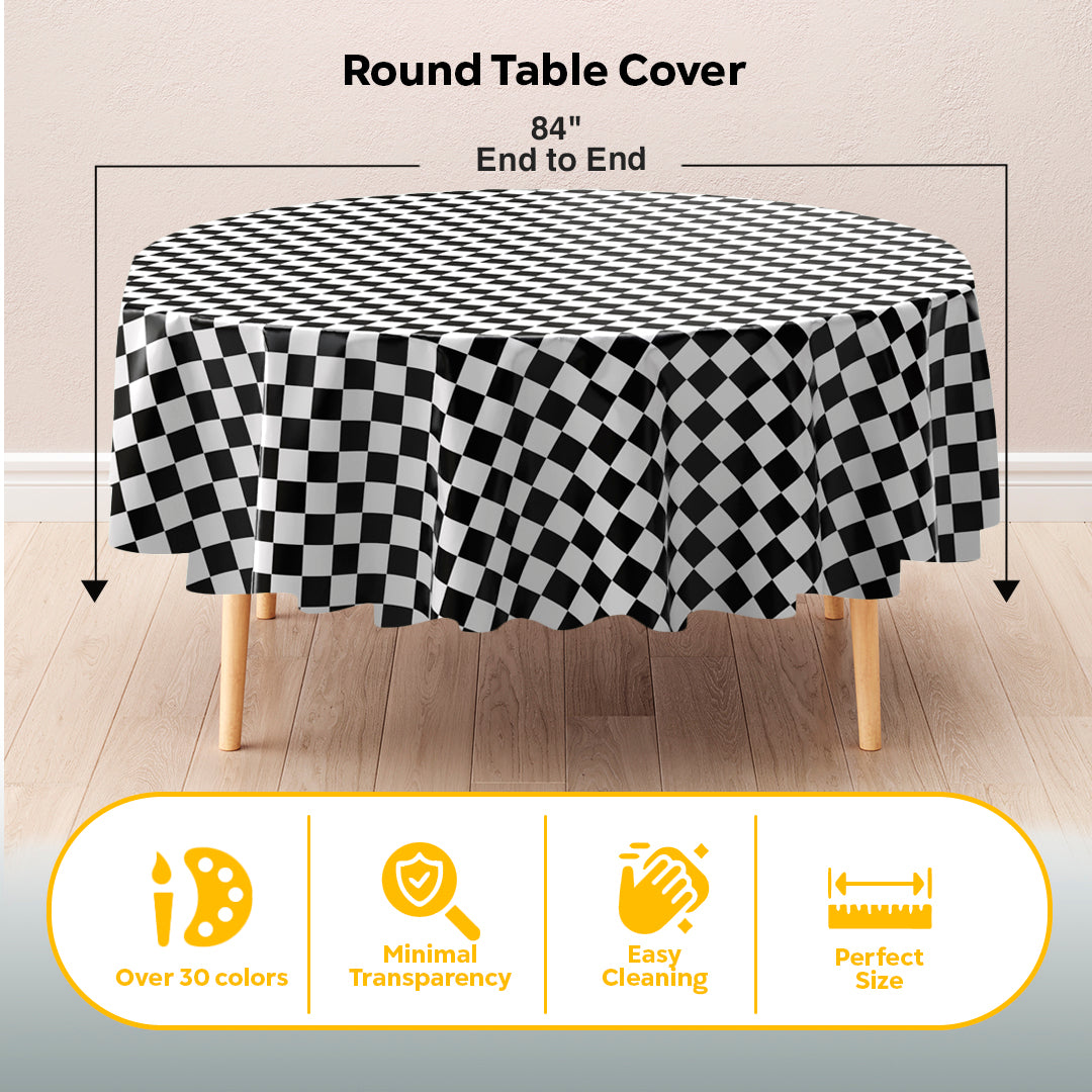84 in. Round Black/White Checkered Plastic Table Cover | Case of 48