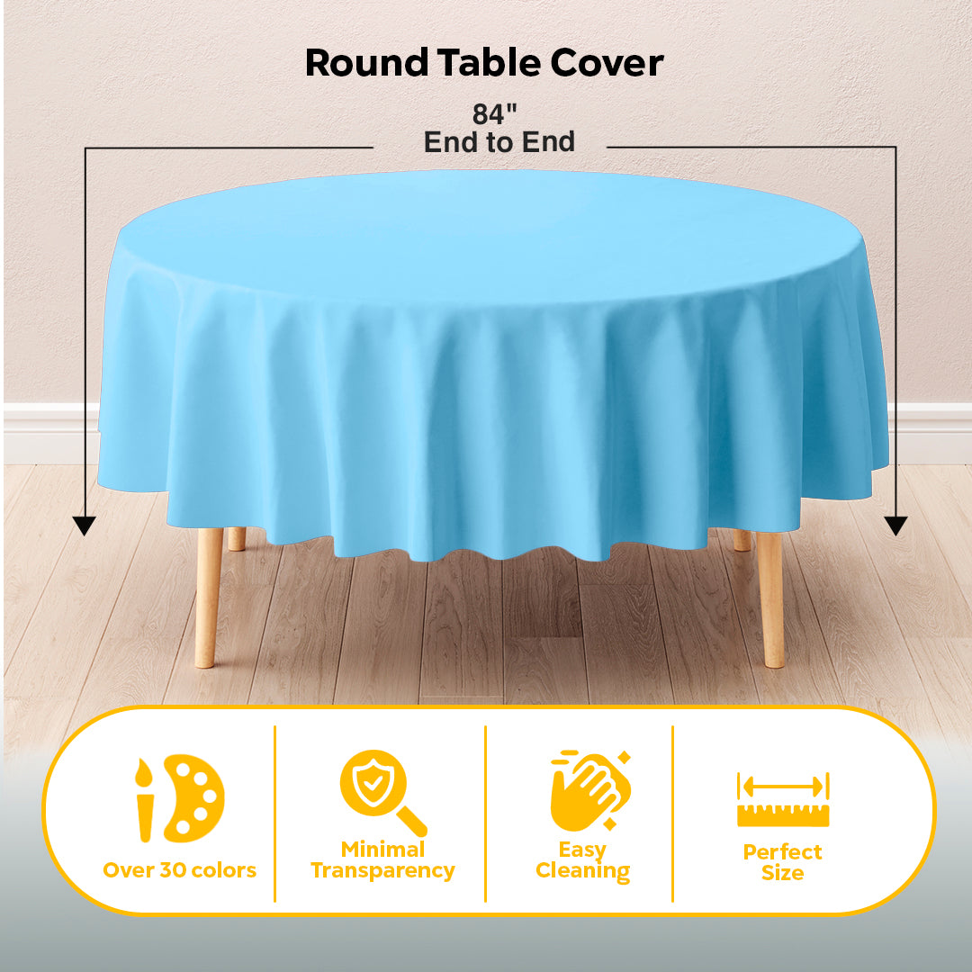 Round Light Blue Plastic Table Cover | 84 in.