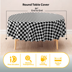 Round Black/White Checkered Plastic Table Covers | 6 Pack | 84 in.