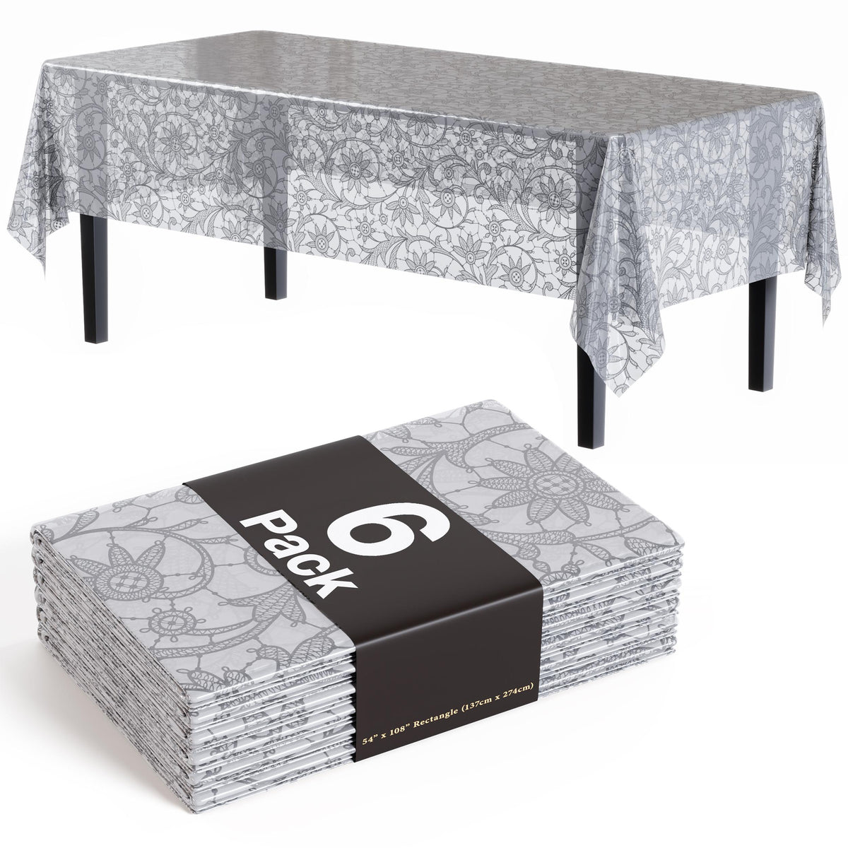 Silver Lace Plastic Table Covers | 6 Pack