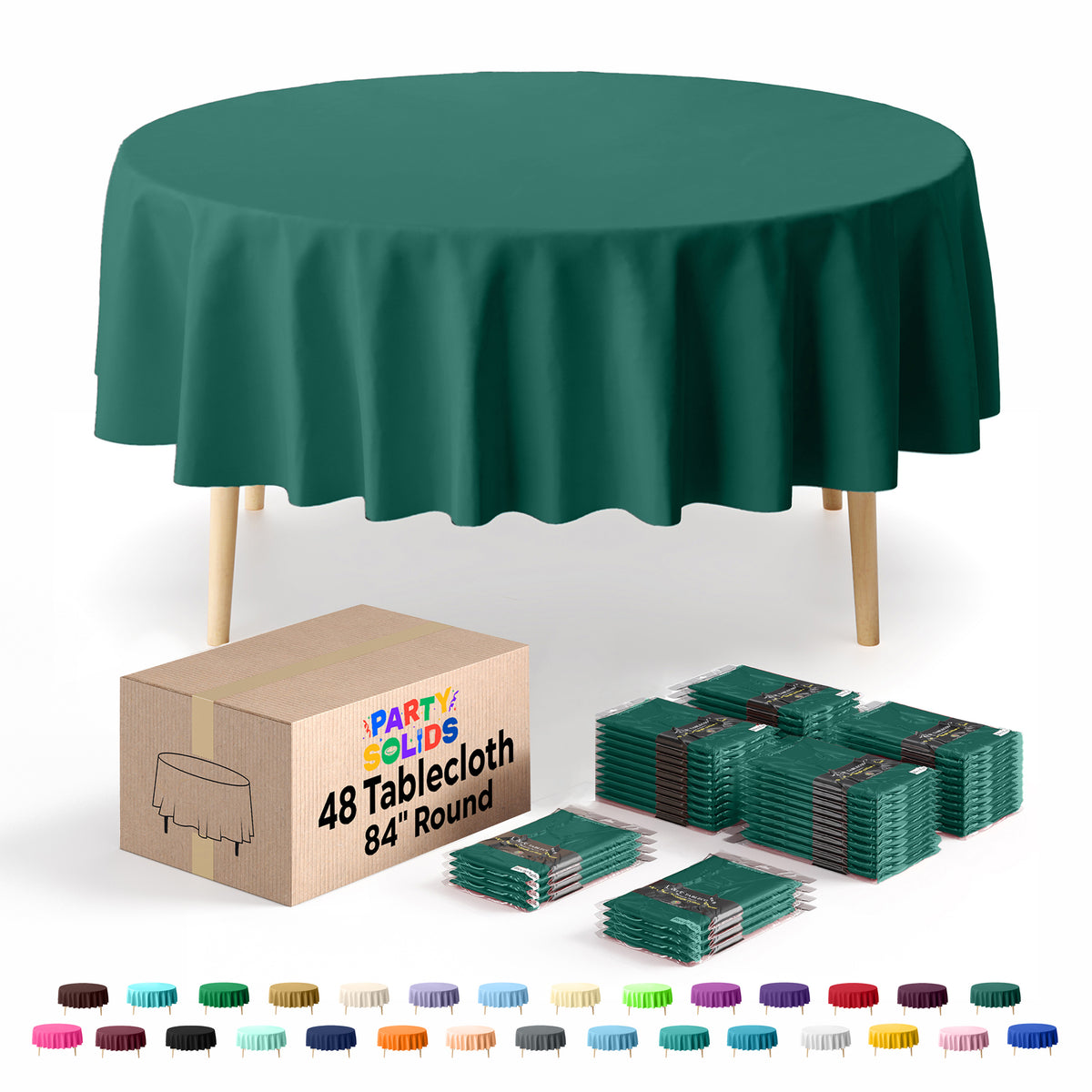 Dark Green Round Plastic Table Cover | 84 in. | Case of 48