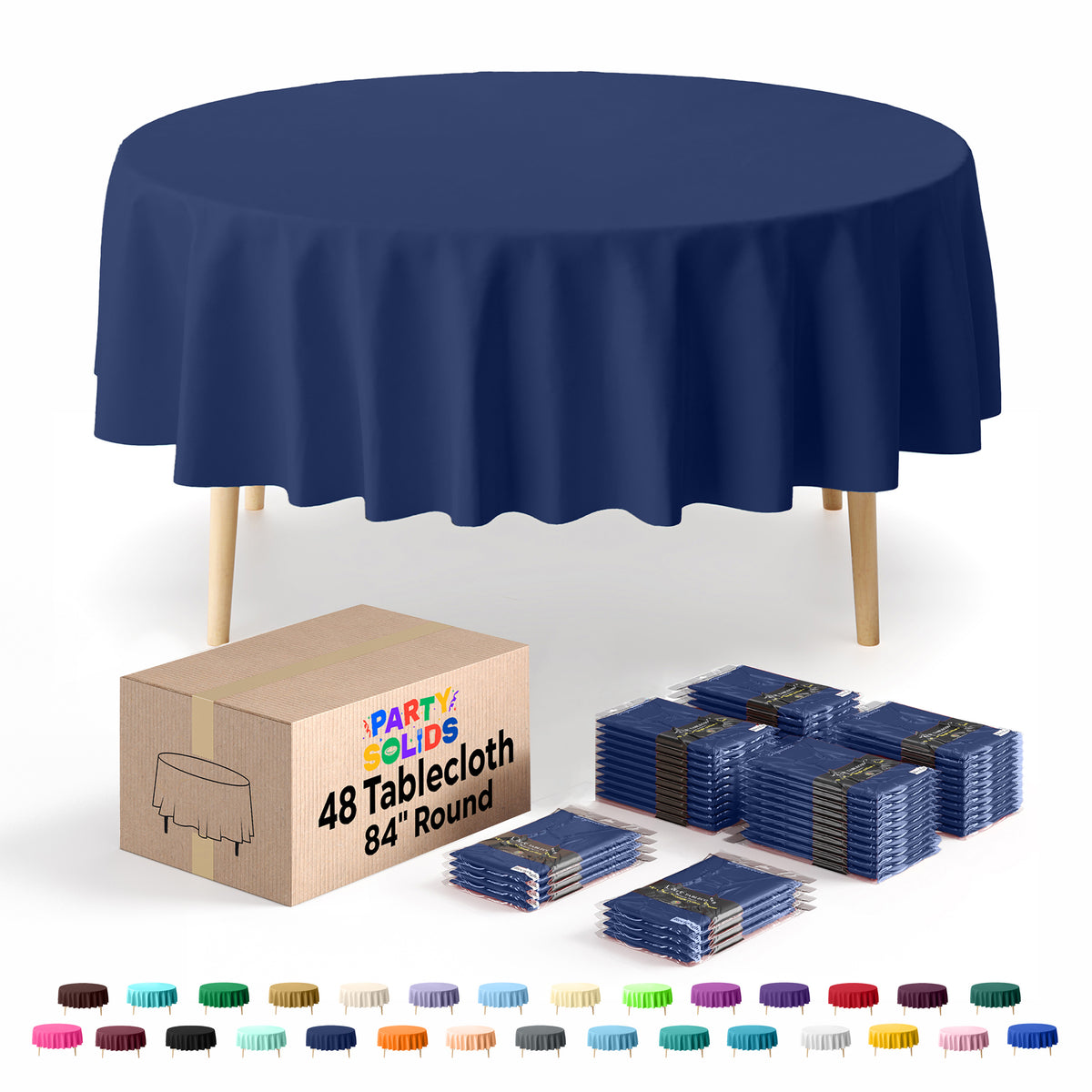 Navy Blue Round Plastic Table Cover | 84 in. | Case of 48