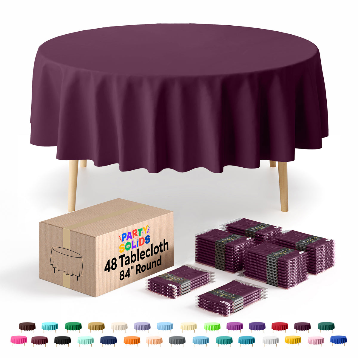 Plum Round Plastic Table Cover | 84 in. | Case of 48