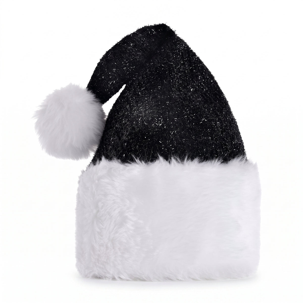 Deluxe Black Tinsel Santa Hat with Plush White Trim
