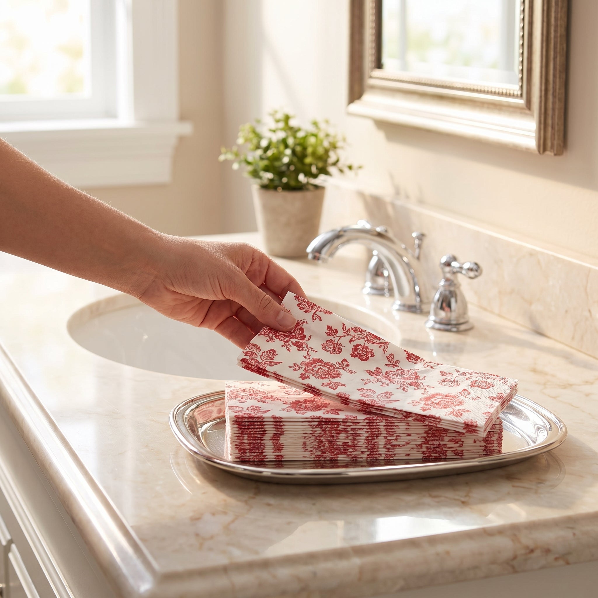 Classic Floral Red Guest Towels - 8 In. x 4 In. - 16 Pack