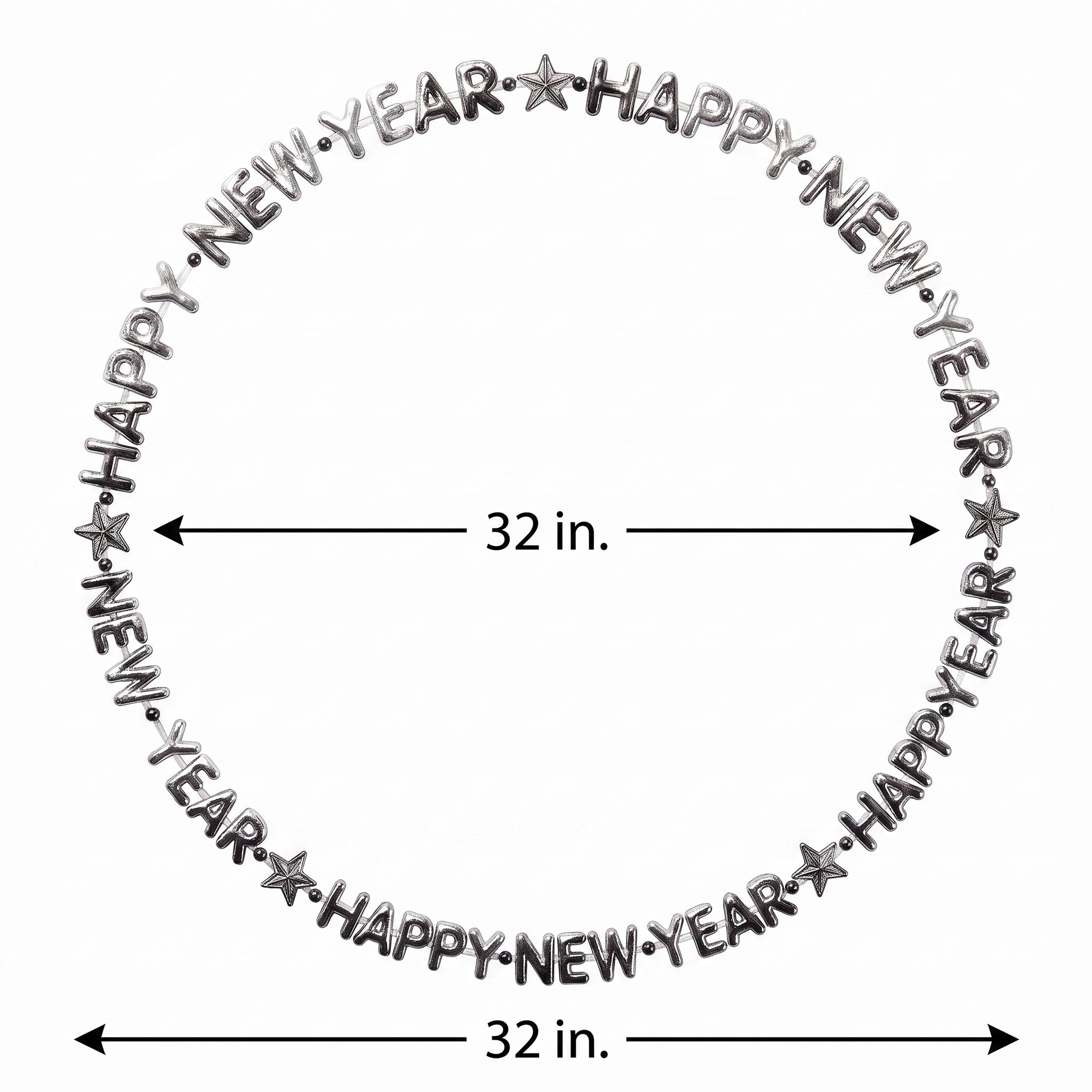 Black and Silver "Happy New Year" Beaded Necklace - 32 inches