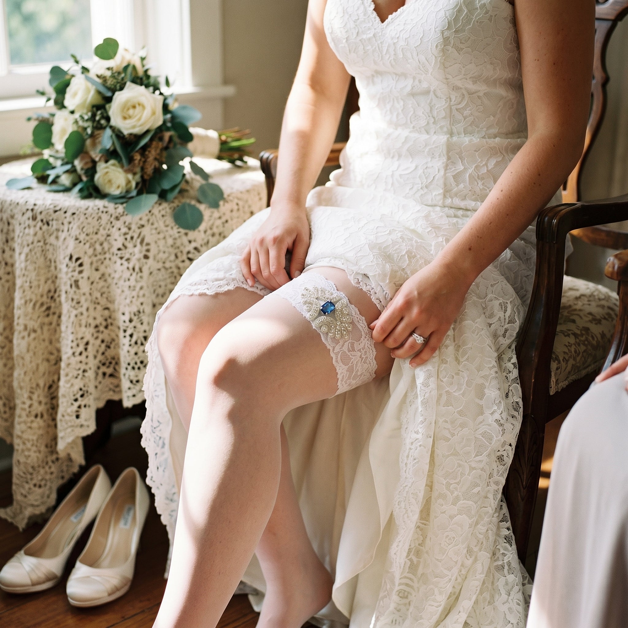 Something Blue Bridal Garter - White Lace Wedding Garter with Sapphire Rhinestone Applique, Plus Size Keepsake Garter for Bride