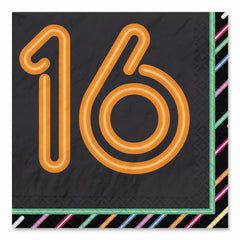 Neon "16" Birthday Beverage Napkins - Pack of 16 - 5 In. X 5 In.