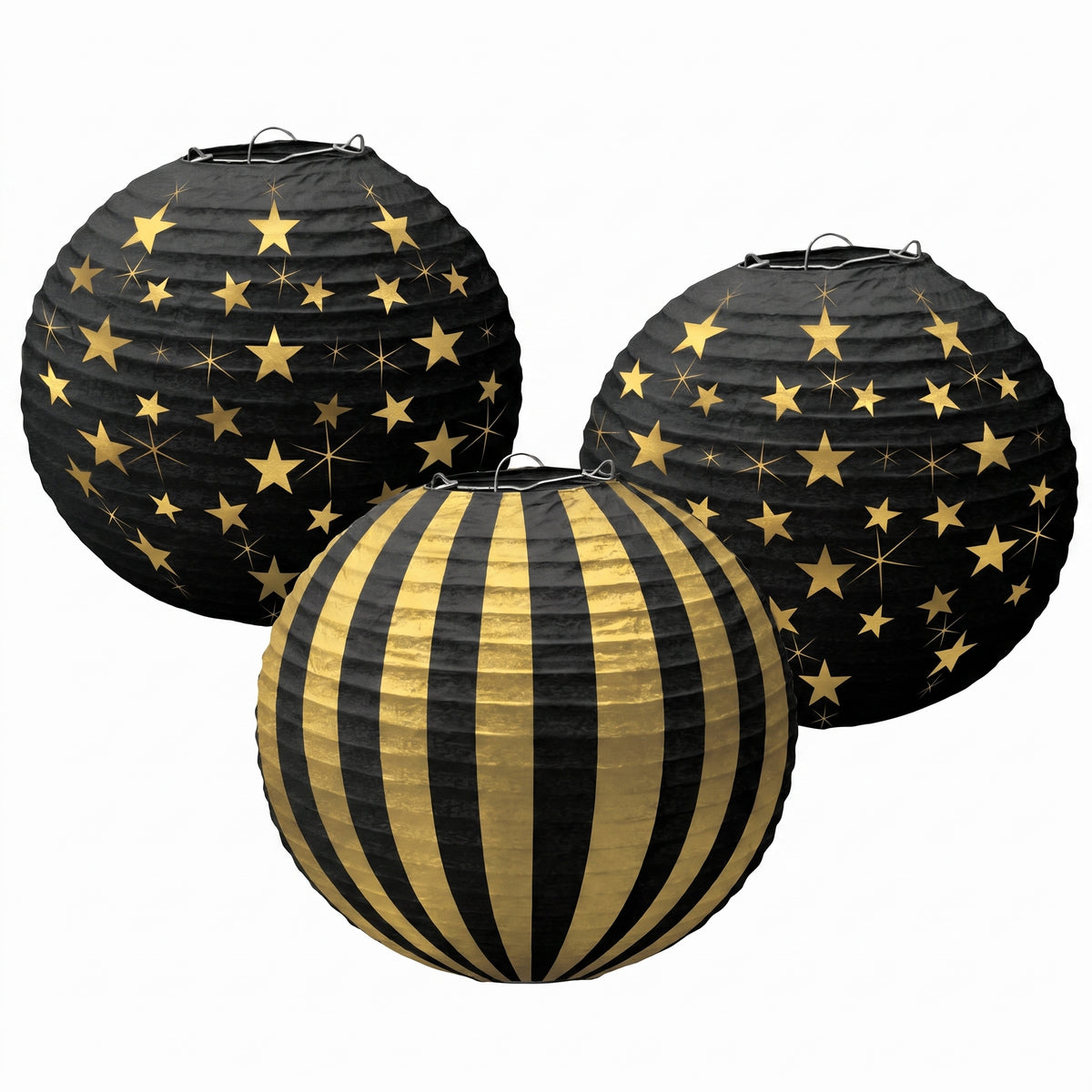 Hollywood Glitz & Glam Gold Stars and Stripes Paper Lanterns, 3-Pack
