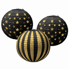 Hollywood Glitz & Glam Gold Stars and Stripes Paper Lanterns, 3-Pack